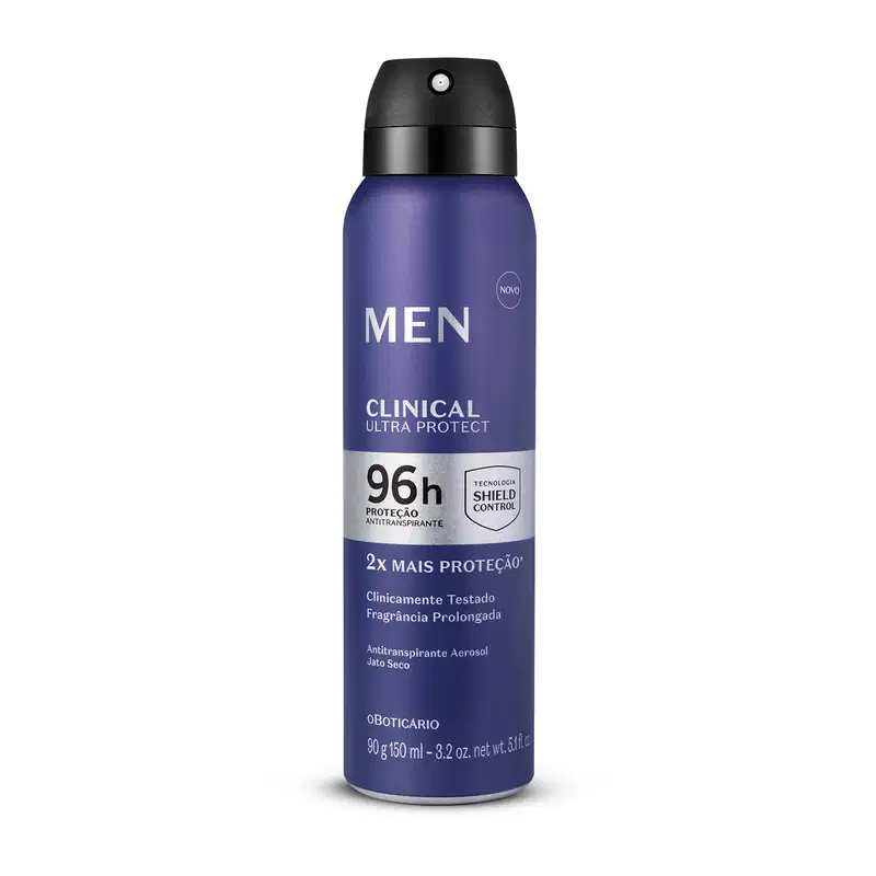 Tubo preto com rótulo azul marinho, prata e branco contendo 90g/150ml de desodorante antitranspirante aerossol da marca Men  Clinical Ultra Protect.
