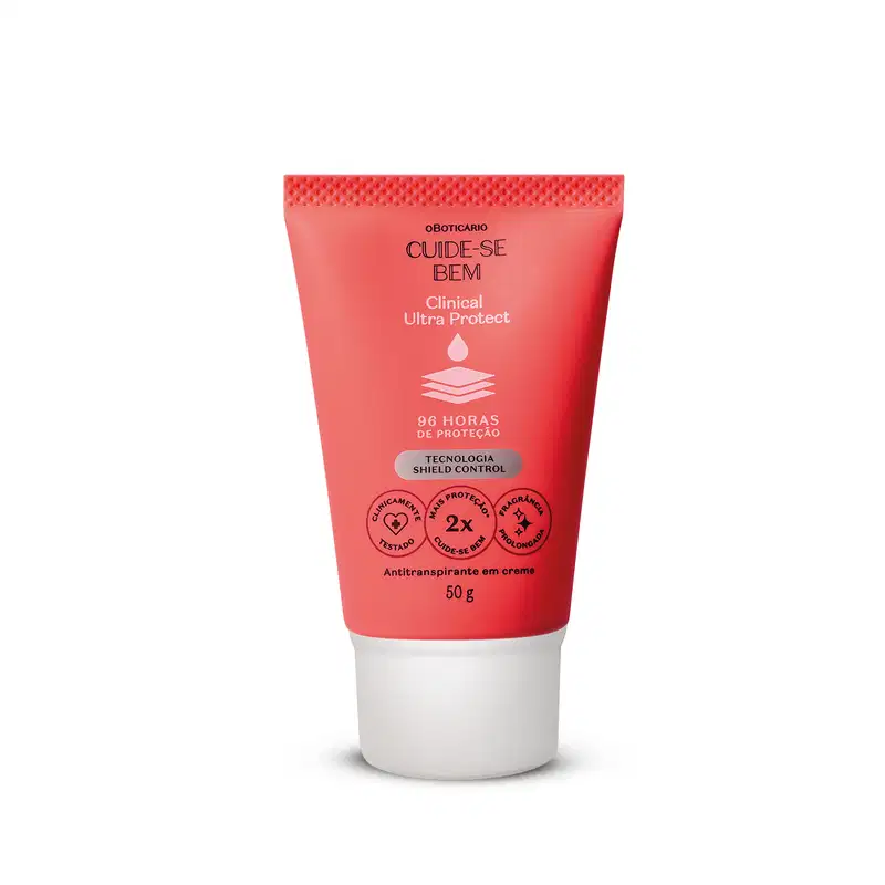 Bisnaga laranja com tampa branca, detalhe azul e letras pretas e brancas, contendo 50g de antitranspirante em creme da marca Cuide-se Bem Clinical Ultra Protect.