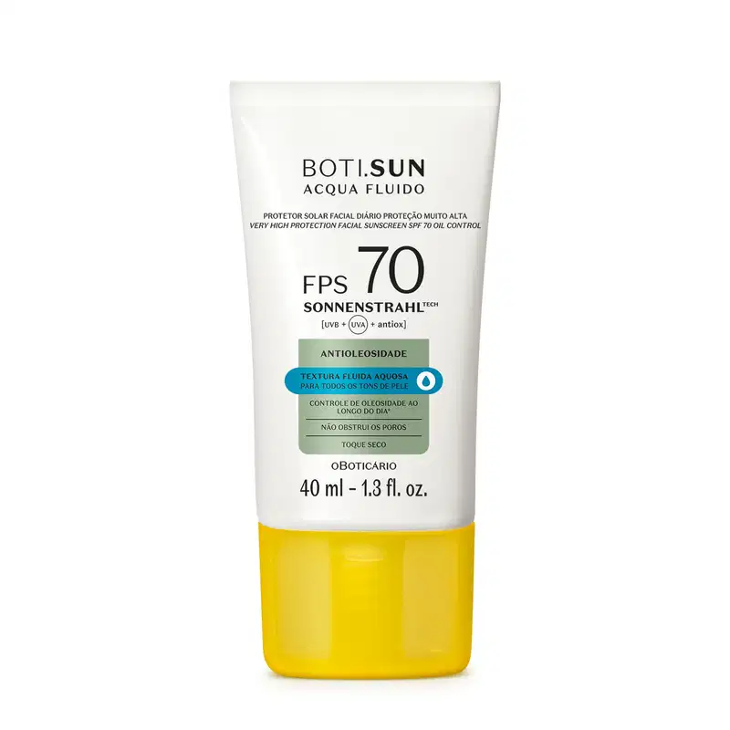 Frasco branco com tampa amarela, letras pretas e detalhes prata e azul, contendo 40ml de protetor solar facial antioleosidade FPS 70 Acqua Fluído da marca Boti.Sun.