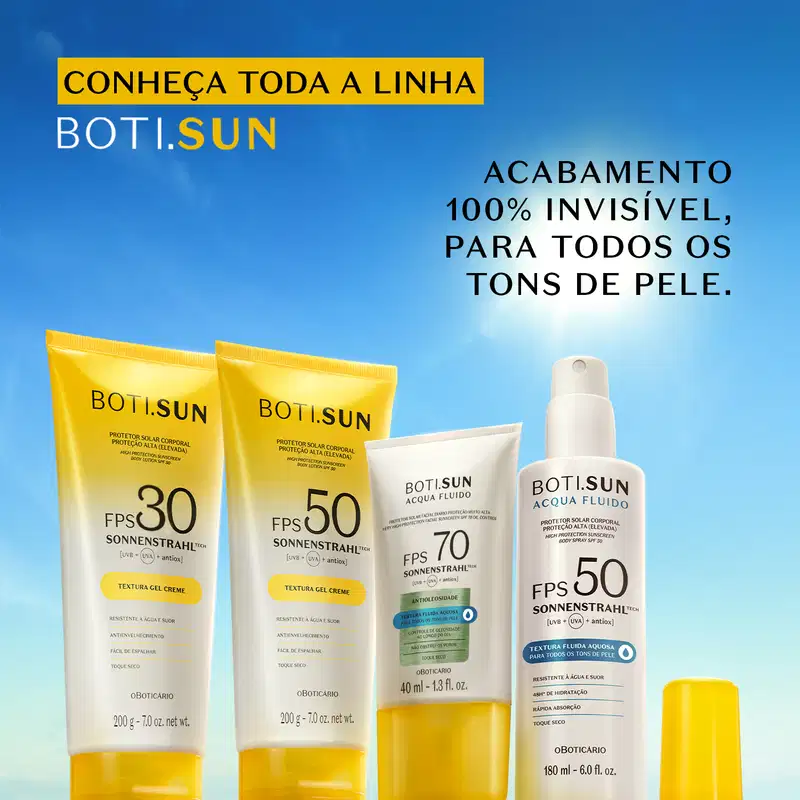 Linha Boti.Sun com quatro produtos de protetor solar em embalagens amarelas e brancas dispostos contra fundo azul com céu, incluindo tubos e frascos com texturas gel creme e fluida.