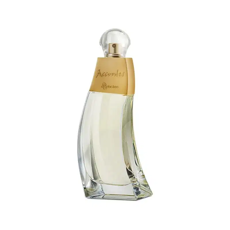 Vidro de formato ondulado com líquido bege claro, rótulo e borrifador dourados e tampa redonda cristal contendo 80ml de desodorante colônia Accordes.