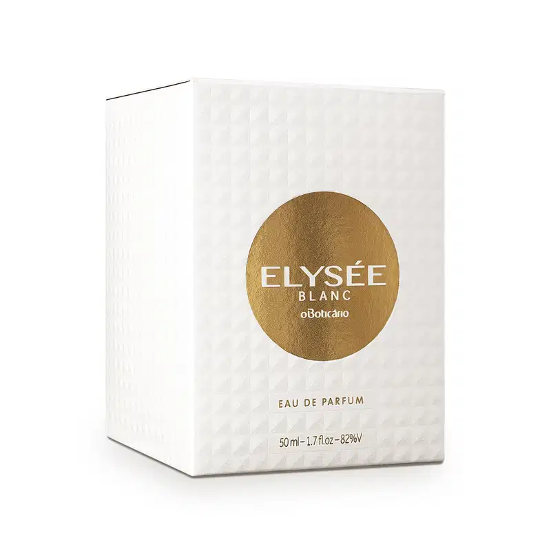 Caixa branca com círculo dourado no centro e letras brancas contendo um vidro de 50ml de Eau de Parfum Elysée Blanc.