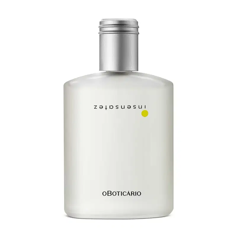 Vidro em formato quadrado transparente fosco com tampa prateada, letras pretas com detalhe laranja, contendo 100ml de desodorante colônia Insensatez.