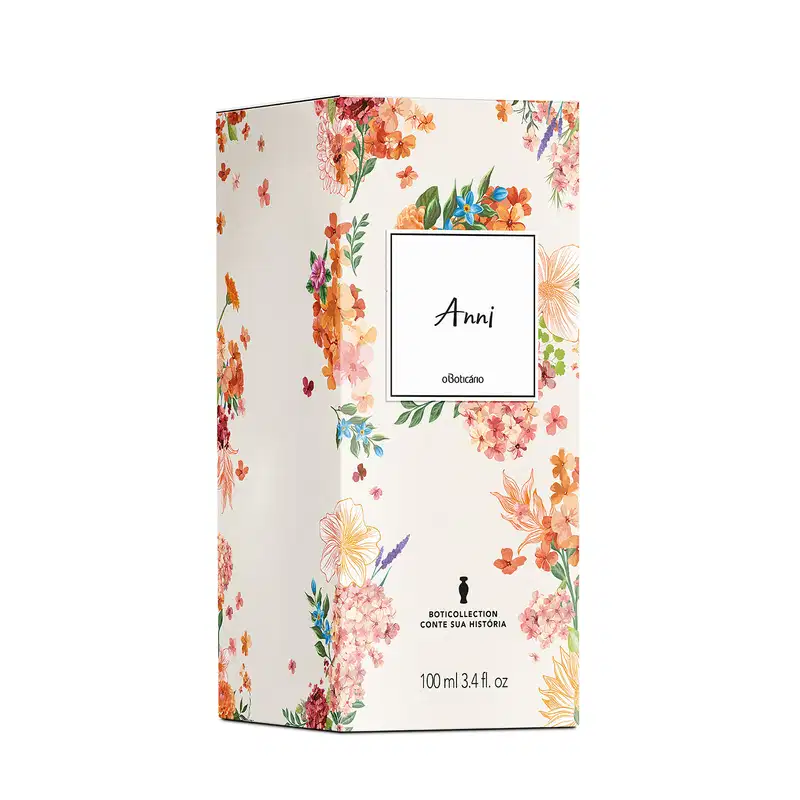 Caixa de desodorante colônia Boticollection Anni de 100ml com embalagem branca estampada com flores coloridas em tons de rosa, laranja, amarelo e verde, rótulo central branco com nome do produto em letras cursivas.