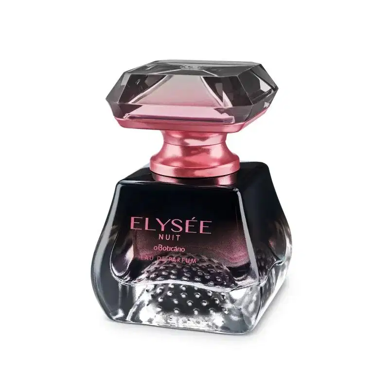 Frasco elegante e luxuoso feito de vidro transparente em preto e transparente com borrifador e letras douradas, tampa transparente em formato de cristal lapidado, contendo 50ml de Eau de Parfum Elysée Nuit.