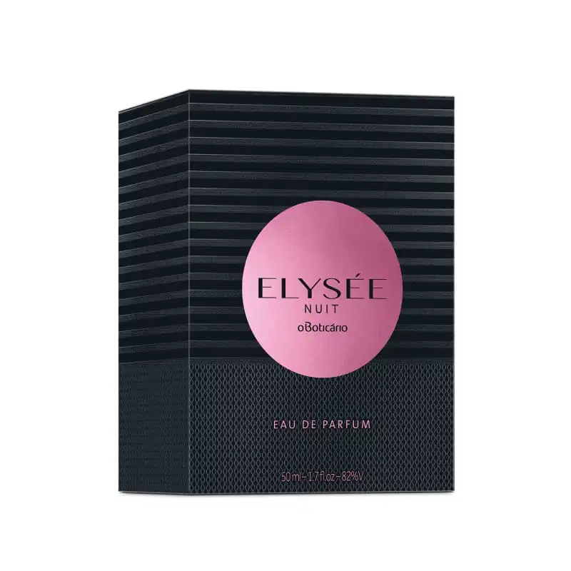 Caixa preta com círculo dourado no centro contendo um vidro de Eau de Parfum Elysée Nuit