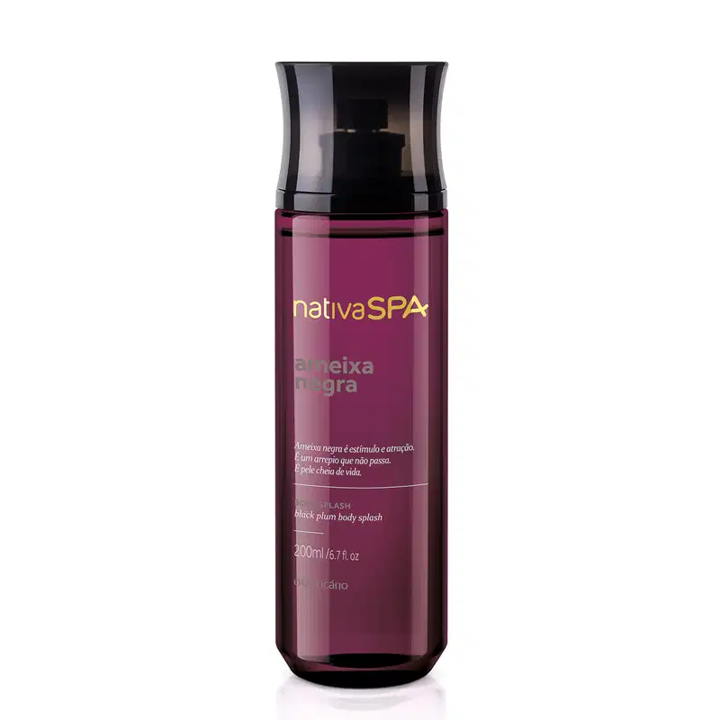 Frasco cilíndrico roxo transparente com tampa preta e letras douradas, brancas e roxas, contendo 200ml de body splash Nativa SPA Ameixa Negra.