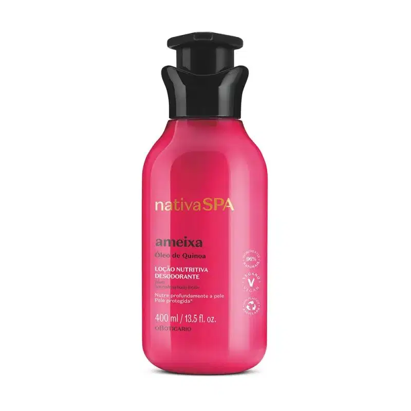 Frasco rosa vibrante com tampa dosadora preta e letras douradas, brancas e pretas contendo 400ml de loção hidratante corporal Nativa SPA Ameixa.