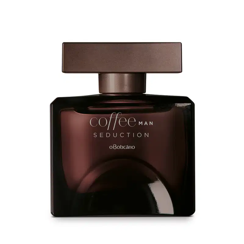 Frasco quadrado marrom com tampa retangular na mesma cor e letras cinzas, contendo 100ml de desodorante colônia Coffee Man Seduction.