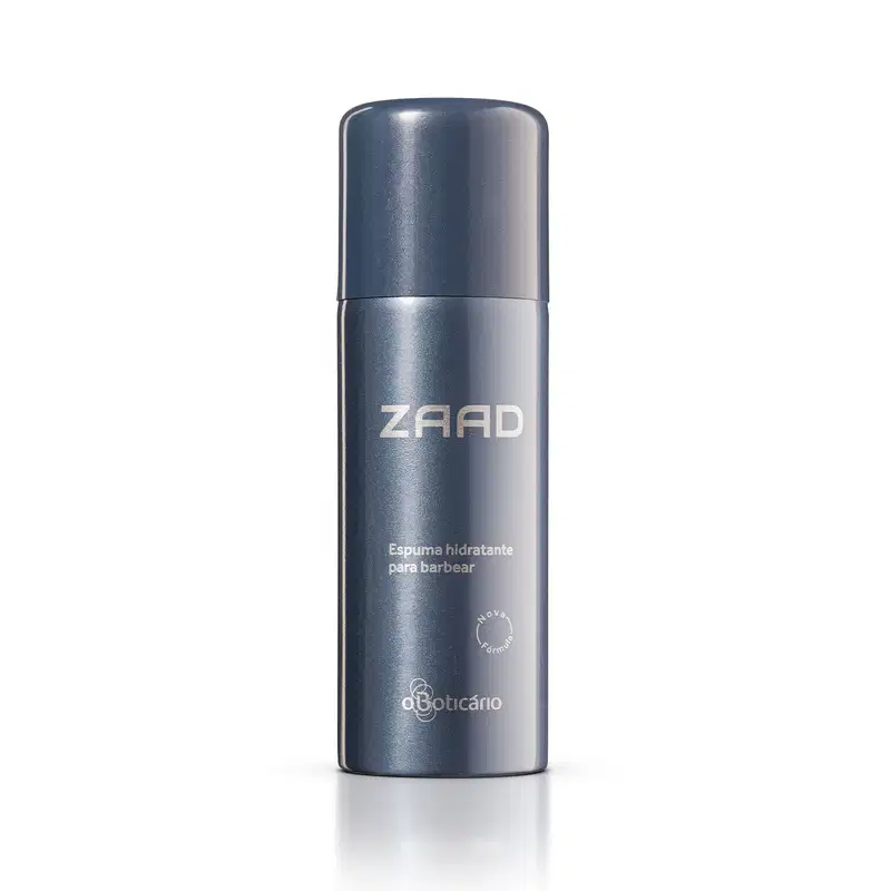 Frasco cinza esverdeado com letras cinzas contendo 200ml de espuma de barbear hidratante da marca Zaad.