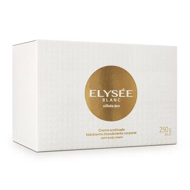 Caixa branca e dourada que contém um pote de creme acetinado corporal da marca Elysée Blanc,