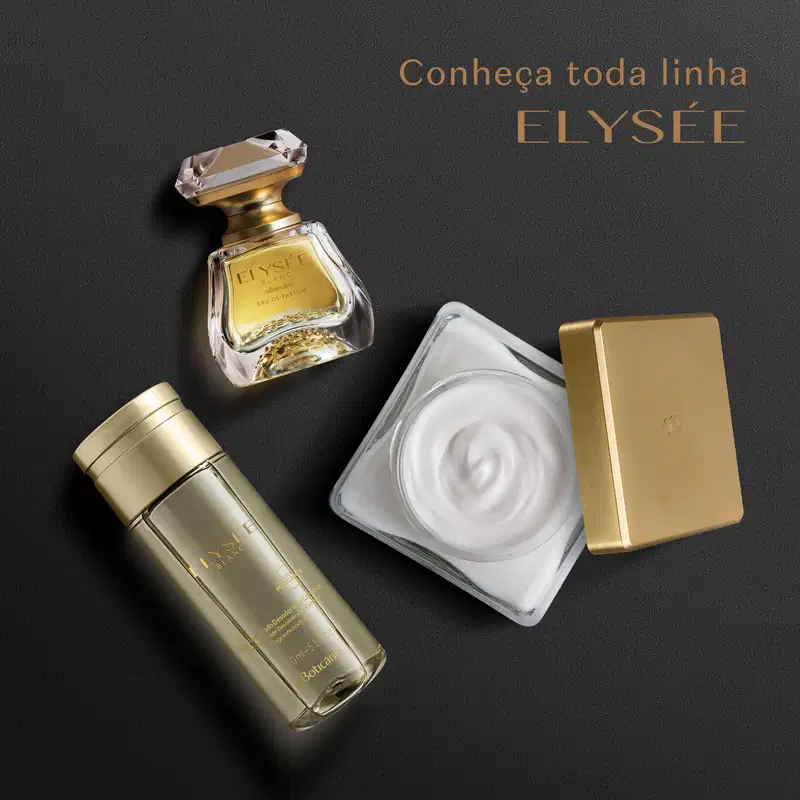 Três itens da marca Elysée Blanc, sendo um vidro de item de perfumaria, um pote de creme acetinado corporal aberto e um frasco de óleo corporal em um fundo cinza escuro.