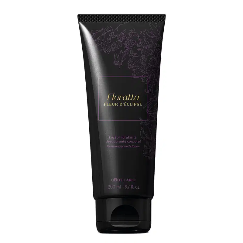 Bisnaga preta com letras e detalhes dourados contendo 200g de loção hidratante corporal Floratta Fleur d' Éclipse.