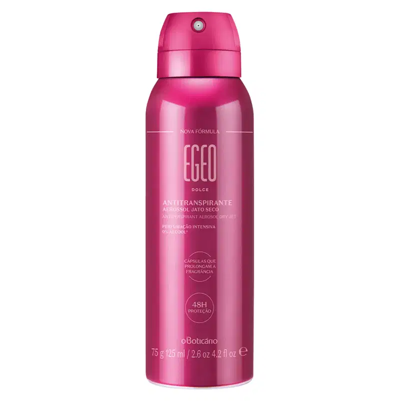 Frasco rosa vibrante com letras rosa claro contendo 75g/125ml de desodorante antitranspirante aerossol Egeo Dolce.