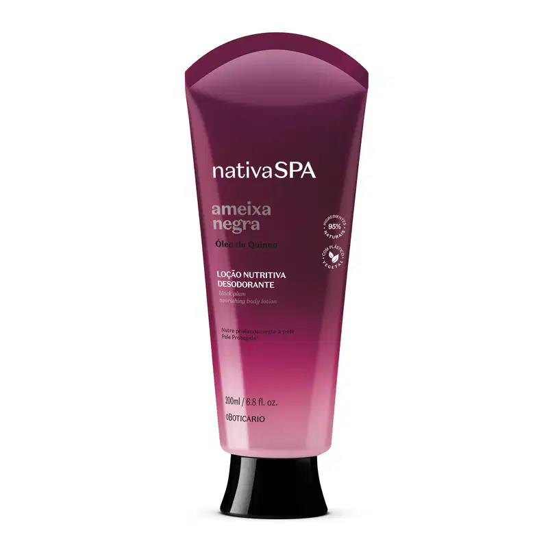 Bisnaga com degradê de roxo escuro e branco, tampa preta e letras douradas, brancas e pretas, contendo 200ml de loção nutritiva corporal da marca Nativa SPA Ameixa Negra.