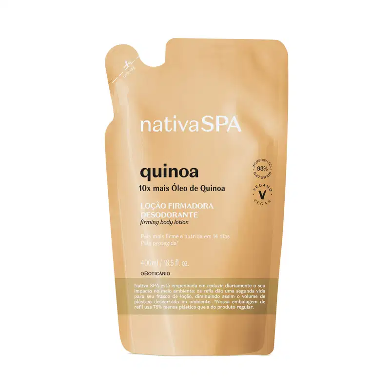 Refil de loção firmadora hidratante corporal Nativa SPA Quinoa em sachê de 400ml na cor bege  com letras douradas, pretas e brancas.