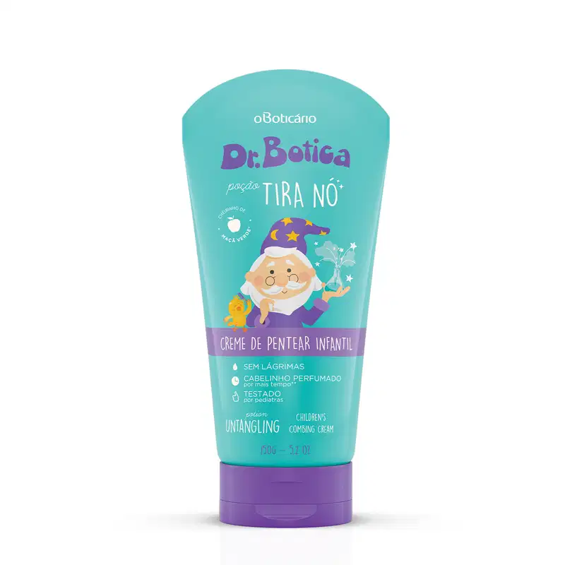 Bisnaga de creme de pentear Poção Tira Nó da marca Dr. Botica em dois tons de azul com ilustração do personagem da marca.