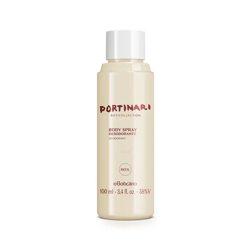 Refil de body spray Boticollection Portinari em frasco de 100ml na cor branca com letras marrons e tampa branca.