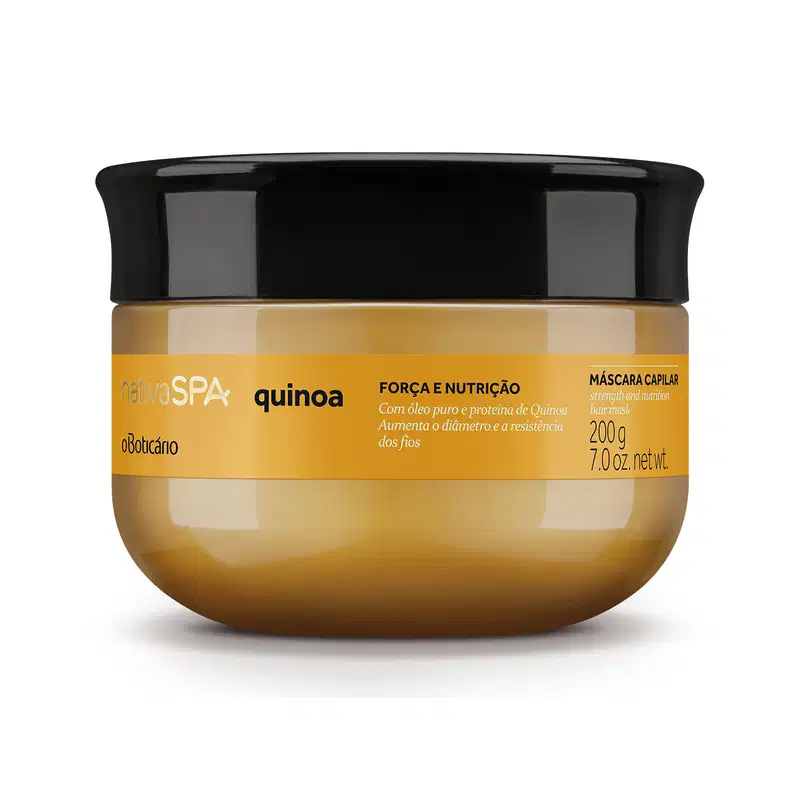 Pote amarelo com tampa preta e letras brancas e pretas contendo 200g de máscara capilar da marca Nativa SPA Quinoa.