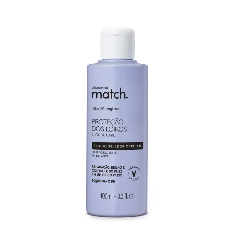 Frasco azul claro com tampa branca, letras e detalhes pretos, contendo 100ml de fluído selador capilar Match Proteção dos Loiros.