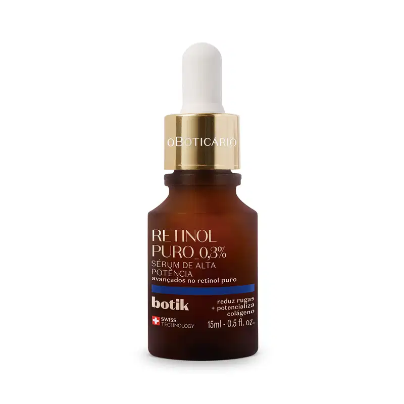 Vidro marrom com tampa dourada, conta-gotas branco, letras bege e detalhe azul contendo 15ml de sérum facial de alta potência Botik Retinol Puro.