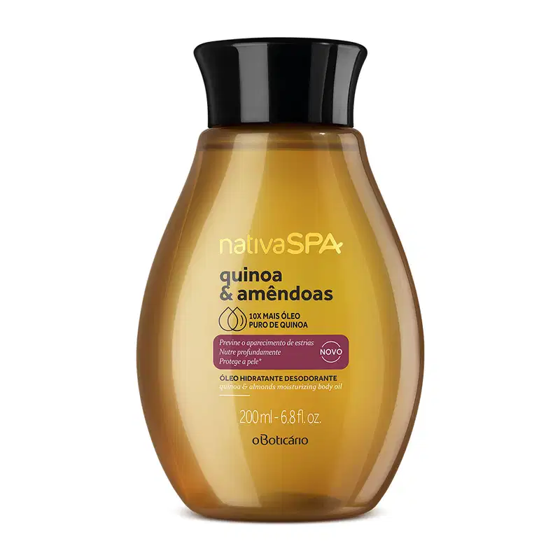 Frasco em formato oval marrom transparente, mostrando o líquido dentro, com tampa preta e letras douradas e pretas, contendo 200ml de óleo desodorante hidratante corporal da marca Nativa SPA Quinoa & Amêndoas 