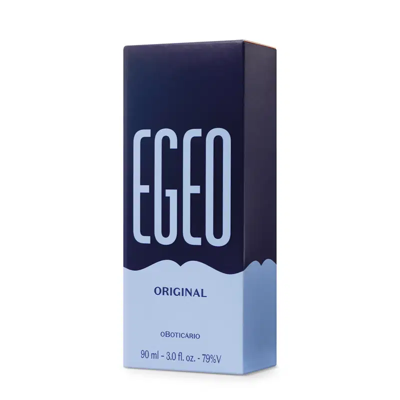 Caixa azul marinho e azul claro contendo um vidro de desodorante colônia Egeo Original.