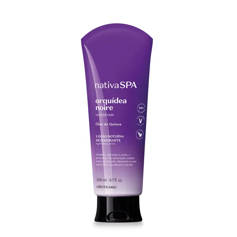 Bisnaga com degradê de roxo e branco, tampa preta e letras douradas e brancas contendo 200ml de loção noturna corporal Nativa SPA Orquídea Noire.