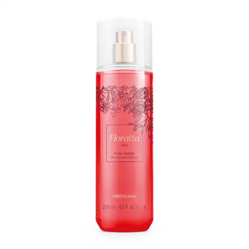 Frasco rosa com detalhes em vinho e letras douradas, pulverizador prateado e tampa cristal contendo 200ml de body splash Floratta Red.