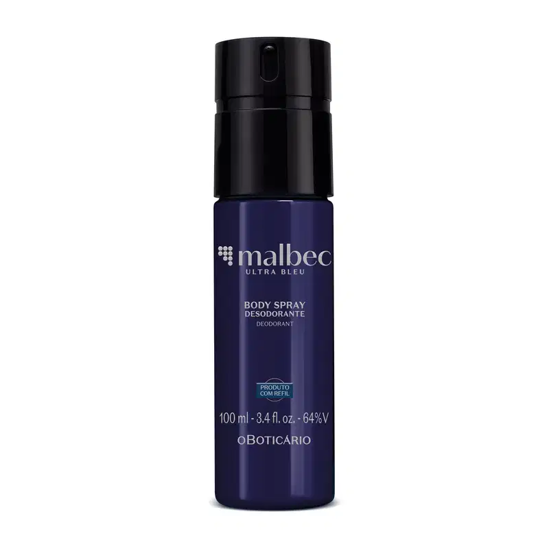 Frasco azul escuro com letras cinzas contendo 100ml de body spray Malbec Ultra Bleu.