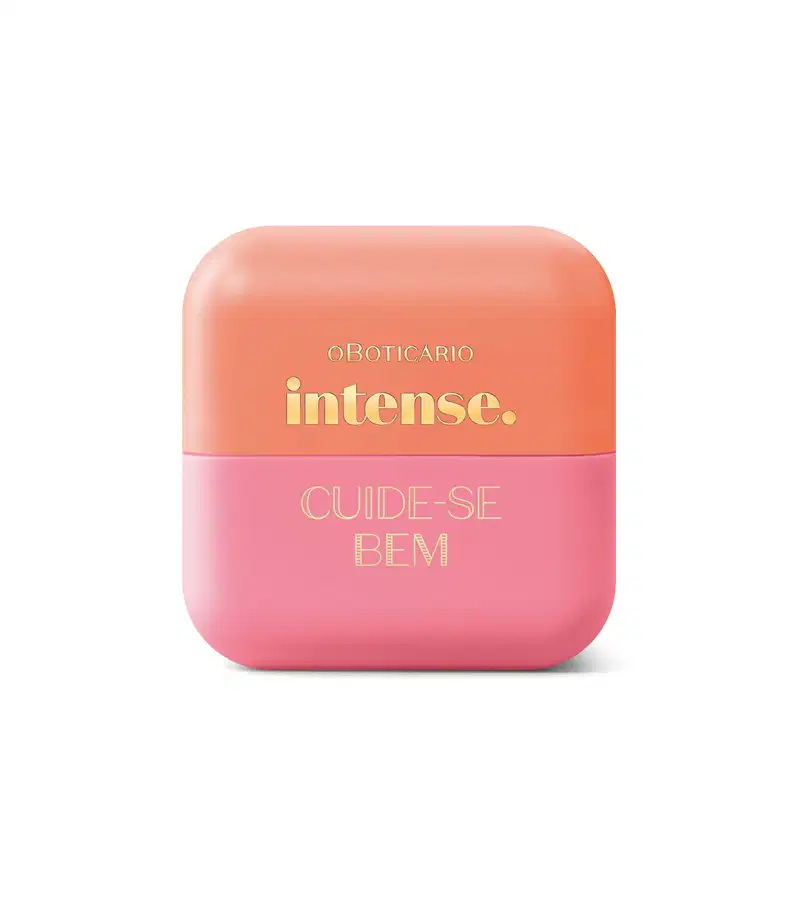 Pote compacto com cantos arredondados nas cores rosa e laranja com letras amarelas contendo hidratante labial Intense & Cuide-se Bem Pessegura.