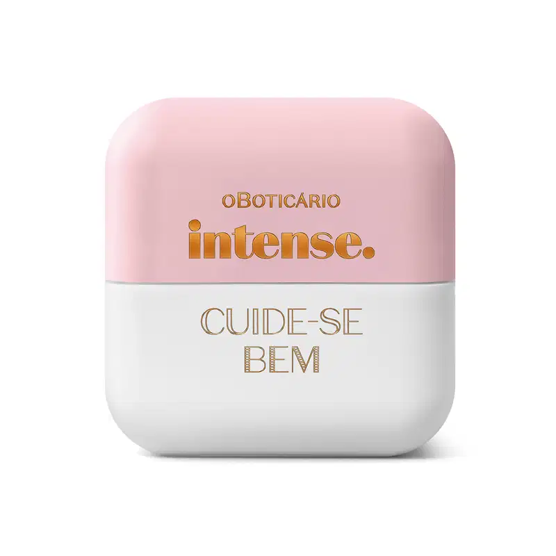 Pote compacto com cantos arredondados naa cores branca e rosa com letras rosas escuras contendo hidratante labial Intense & Cuide-se Bem Deleite.
