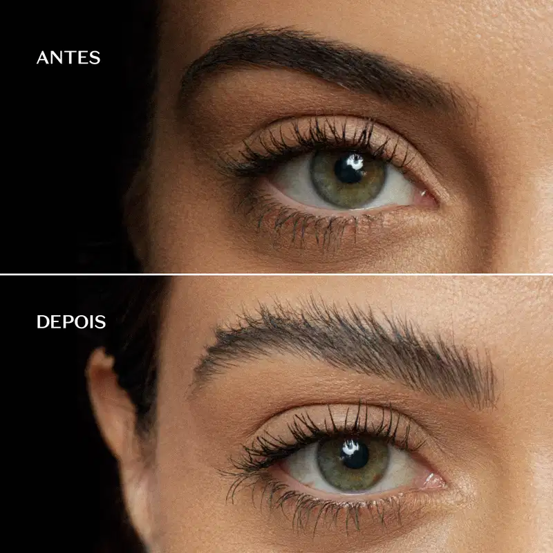 Imagem dividida em duas horizontalmente mostrando um rosto feminino antes de usar a máscara de sobrancelhas em gel Make.B Brow Lamination e o mesmo rosto depois de usar o produto.