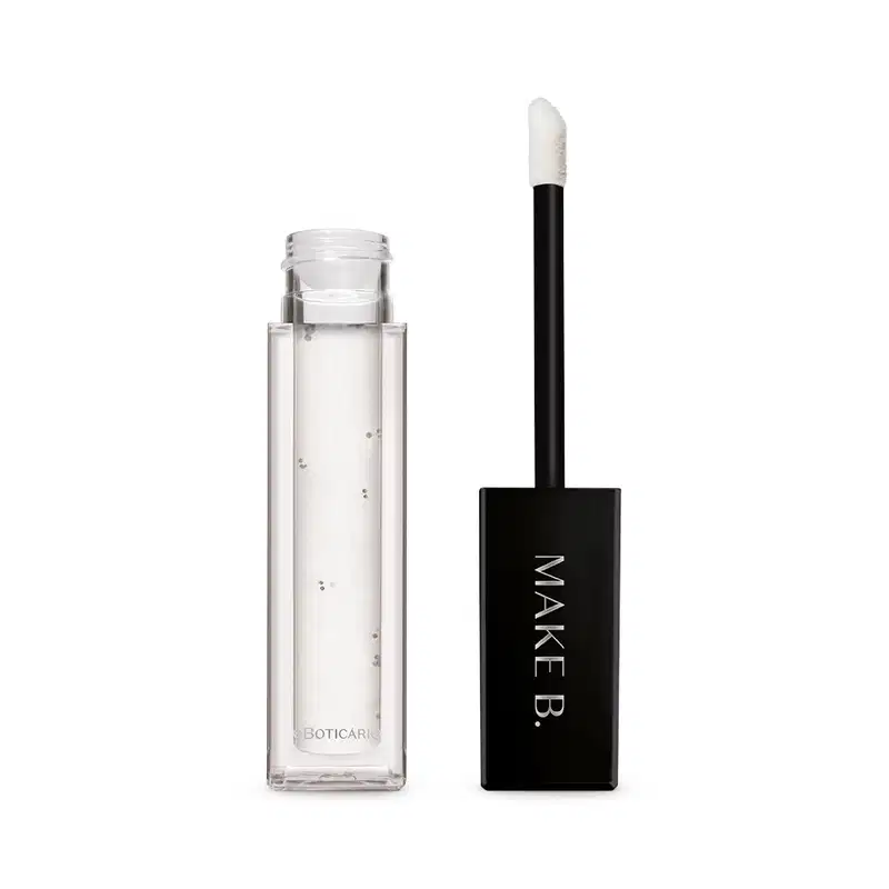 Gloss labial Incolor Crystal Icon da marca Make B. em frasco retangular transparente com líquido brilhante e sem cor, aplicador com ponta arredondada e tampa preta com logo da marca.