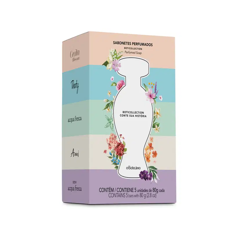 Caixa colorida com flores e logo da marca O Boticário, contendo cinco sabonetes em barra em cores variadas da marca Boticollection, inspirados nas fragrâncias clássicas Cecita Blossom, Thaty, Acqua Fresca e Anni.