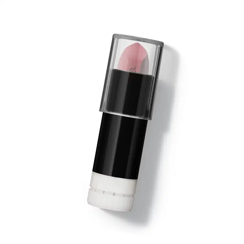 Refil de batom mate rosa Rose Fabulous Make B. em embalagem preta e branca com tampa transparente, posicionado em ângulo sobre superfície branca com sombra.