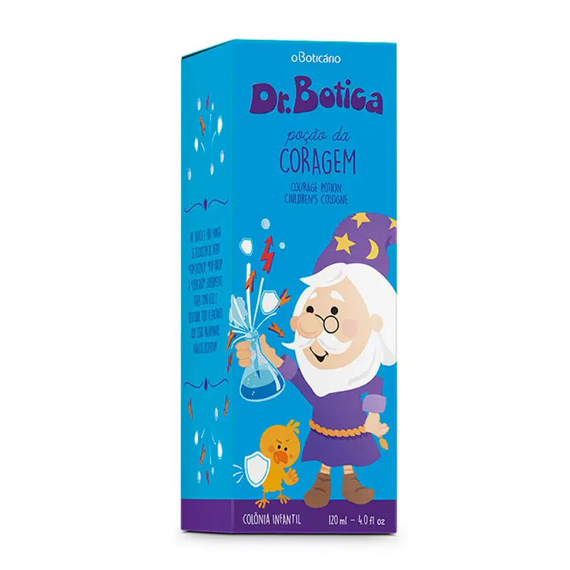 Caixa em tons de azul com ilustração de personagem da marca Dr. Botica contendo um vidro de 120ml de colônia infantil Poção da Coragem da marca Dr. Botica.