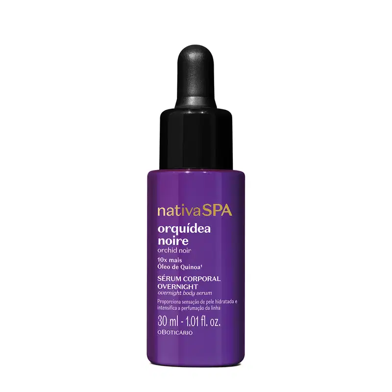Frasco roxo com conta-gotas preto e letras douradas e brancas contendo 30ml de sérum corporal overnight da marca Nativa SPA Orquídea Noire.