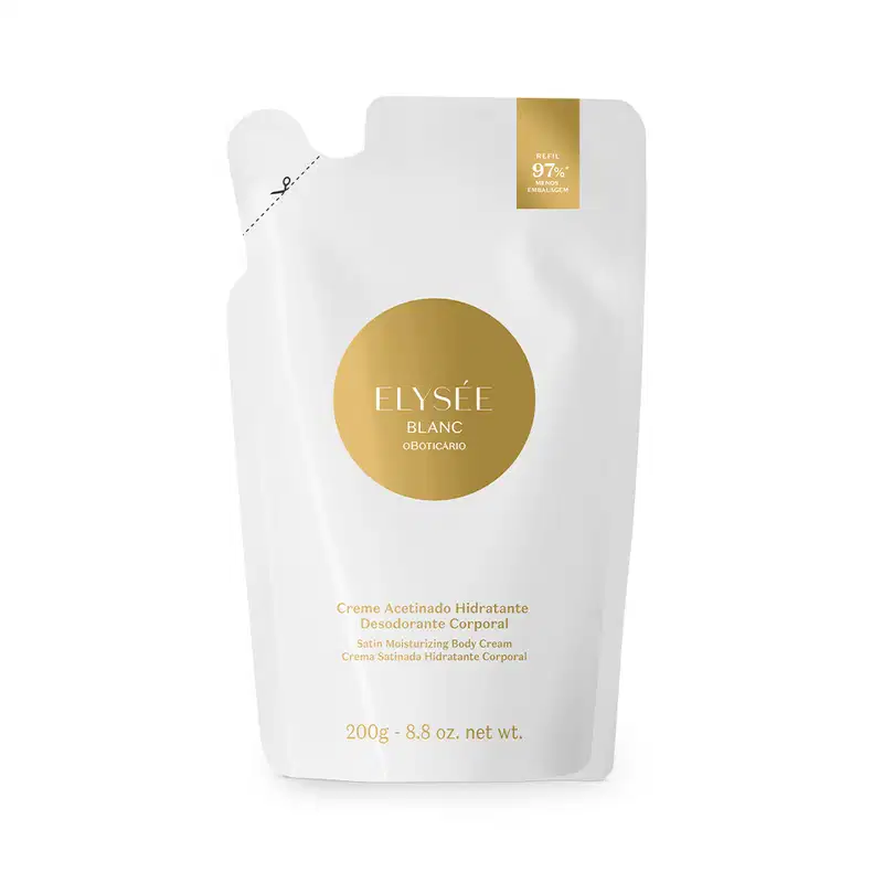 Refil de creme desodorante hidratante corporal acetinado da marca Elysée Blanc em sachê de 200g nas cores branca e dourada.