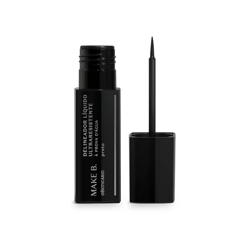 Tubo preto  com letras brancas de delineador líquido para olhos na cor preta da marca Make B., com tampa, haste e aplicador fino.
