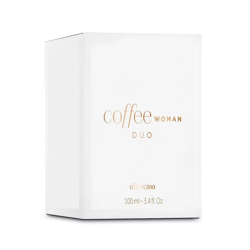 Caixa retangular branca com letras douradas contendo um vidro de 100ml de desodorante colônia Coffee Woman Duo.