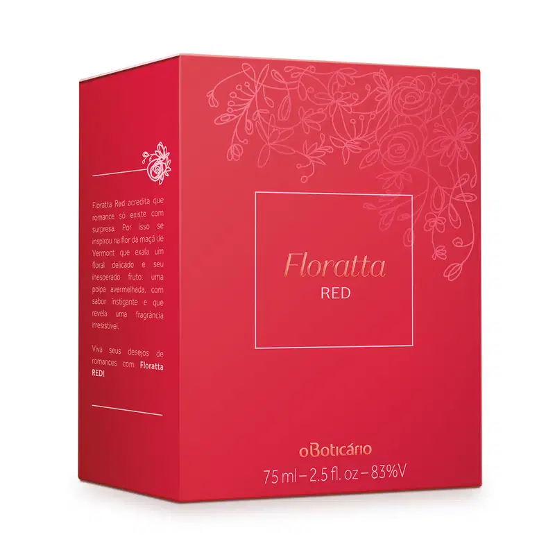 Caixa retangular vermelha de um perfume chamado Floratta Red. A caixa tem detalhes florais desenhados em linhas vermelhas claras sobre o fundo vermelho. Há texto descritivo em português sobre o aroma floral e delicado do perfume.