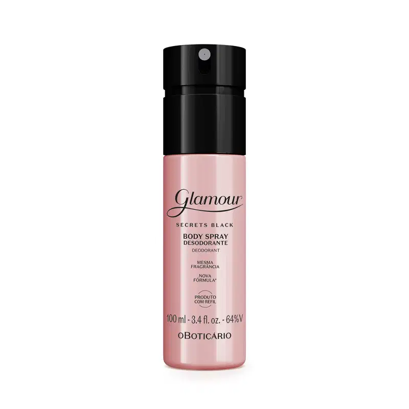 Frasco rosa com tampa e letras pretas contendo 100ml de body spray Glamour Secrets Black.