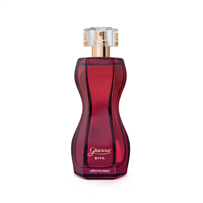 Vidro vermelho escuro em formato curvilíneo, borrifador dourado, tampa cristal e letras douradas contendo 75ml de desodorante colônia Glamour Diva.