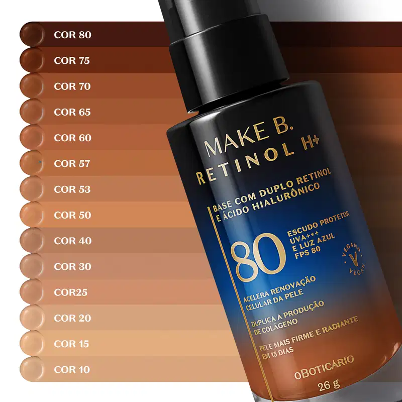 Base Líquida Cor 60 com FPS 80 Make B. Retinol H+ 26g