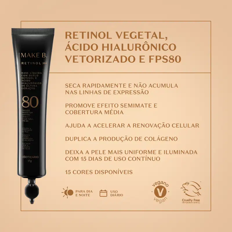 Refil Base Líquida Cor 75 com FPS 80 Make B. Retinol H+ 26g