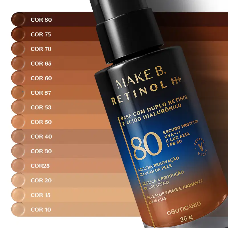 Refil Base Líquida Cor 75 com FPS 80 Make B. Retinol H+ 26g