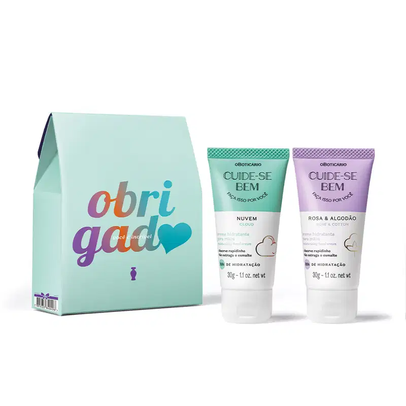 Caixa de presente azul com agradecimento em letras coloridas e dois tubos de creme para mãos da marca Cuide-se Bem, sendo um azul e branco com nuvem ilustrada da linha Nuvem, e um lilás e branco com flor de algodão ilustrada da linha Rosa e Algodão.