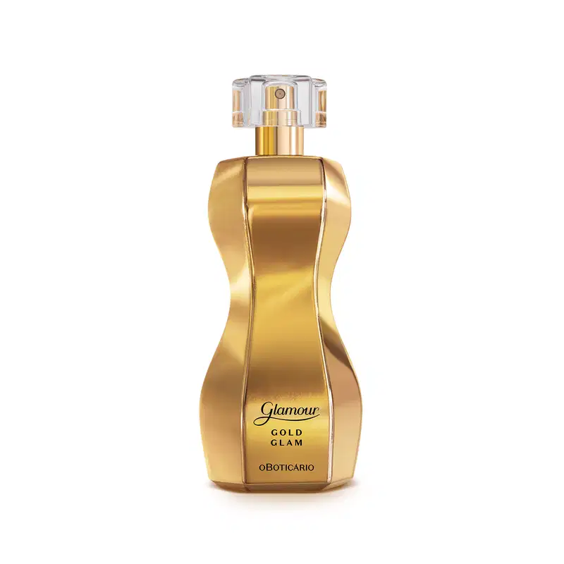 Frasco dourado em formato curvilíneo com borrifador dourado, tampa cristal e letras pretas contendo 75ml de desodorante colônia Glamour Gold Glam.