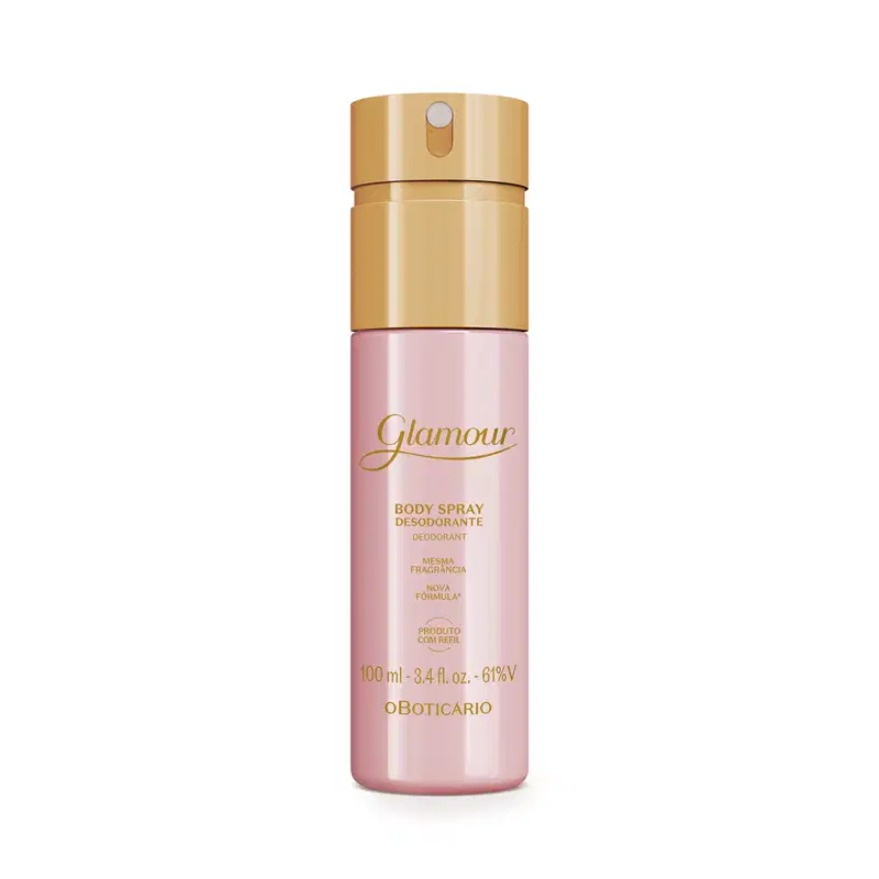 Frasco rosa com tampa e letras douradas contendo 100ml de body spray Glamour.
